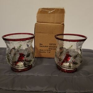 Yankee Candle Candle Holder Cracked Glass Birds Christmas Set Of 2